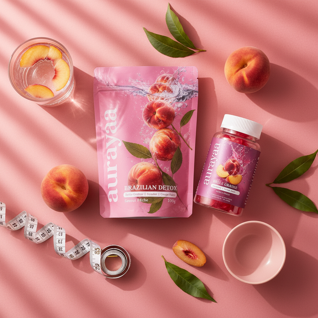 Pack Brûle Graisse Aurayaa - Flat lay lifestyle avec Brazilian Detox et gummies
